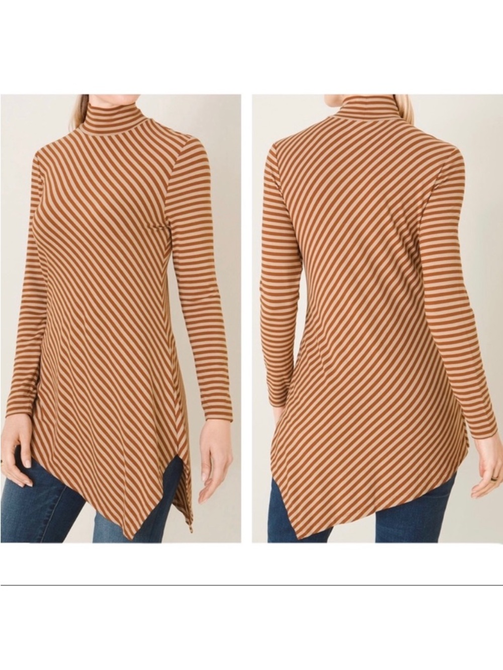 Chico’s Mock-Neck Asymmetrical-Hem Top Women’s Size L Stripes Long Sleeve Tunic